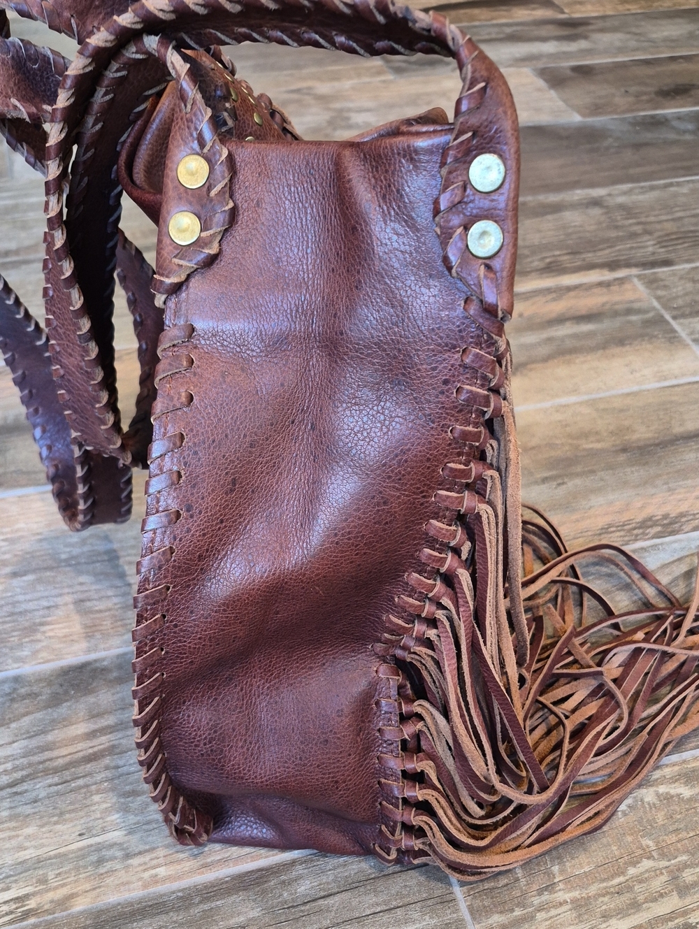 Raj Anthropologie Dark Brown Fringe Studded Whipstitch Leather Shoulder Bag - Picture 7 of 15